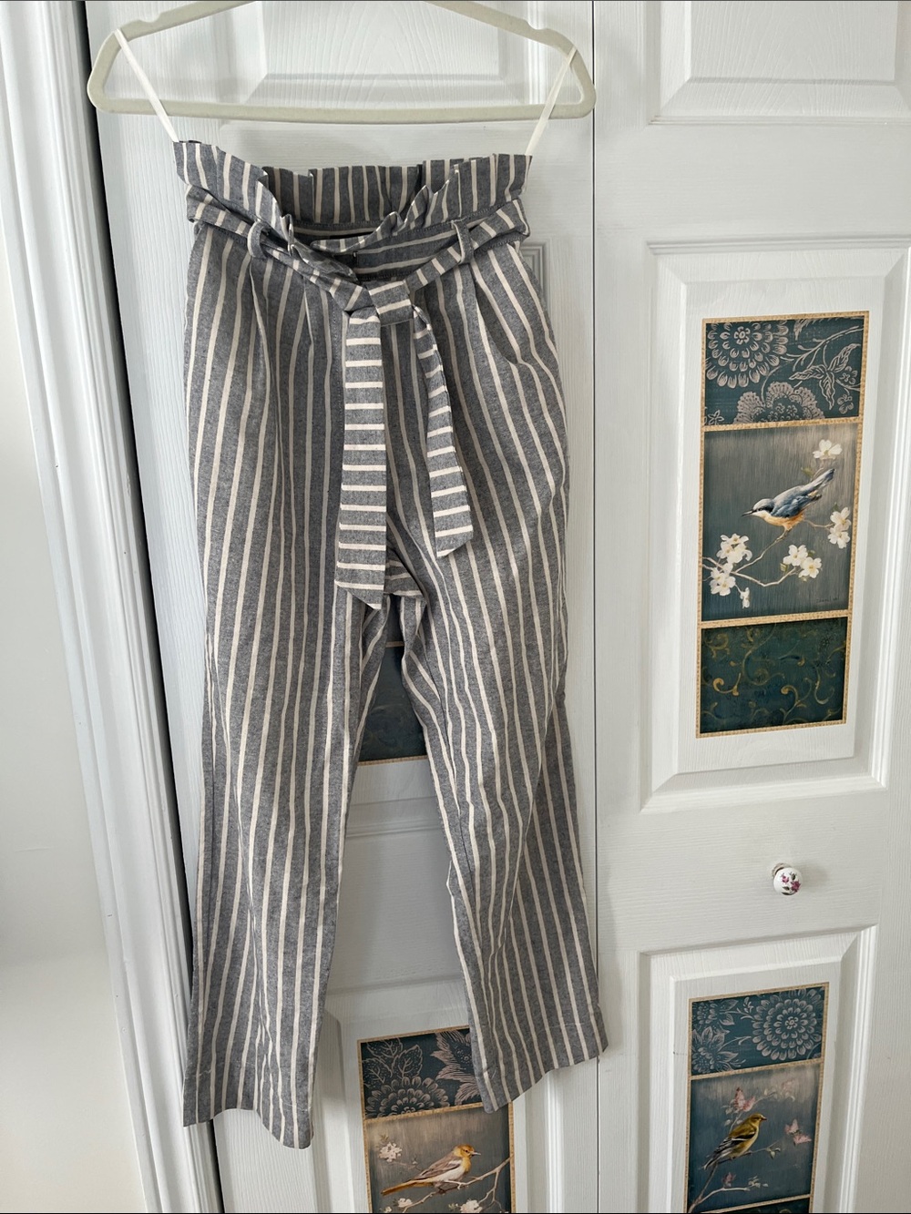 Topshop Gray & White Striped Paperbag Waist Wide-Leg Pants
